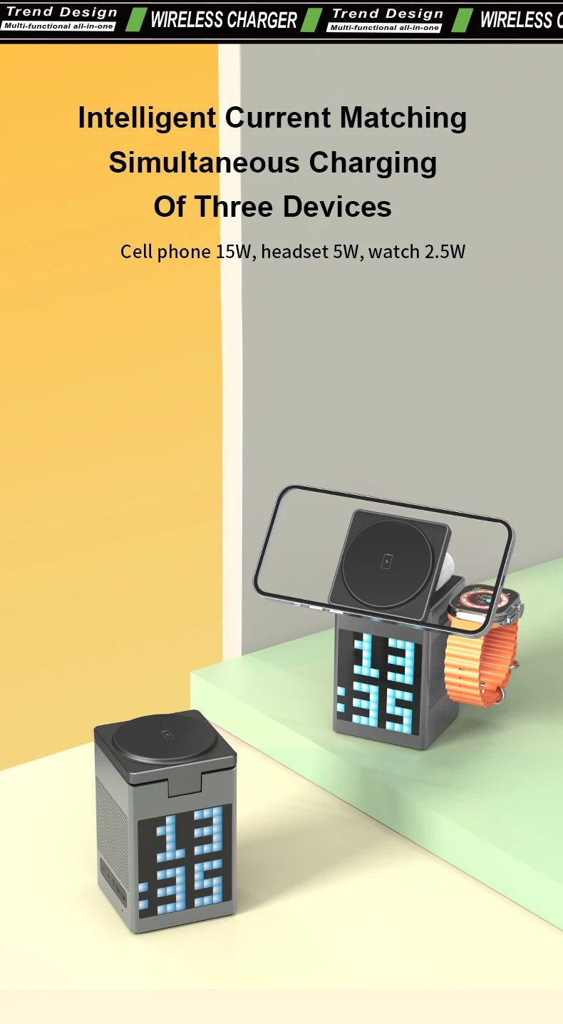 6-in-1 Pixel Animation BT Speaker Alarm Clock Multifunctional Magnetic Phone Wireless Charger Stand