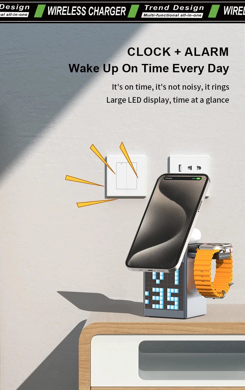 6-in-1 Pixel Animation BT Speaker Alarm Clock Multifunctional Magnetic Phone Wireless Charger Stand