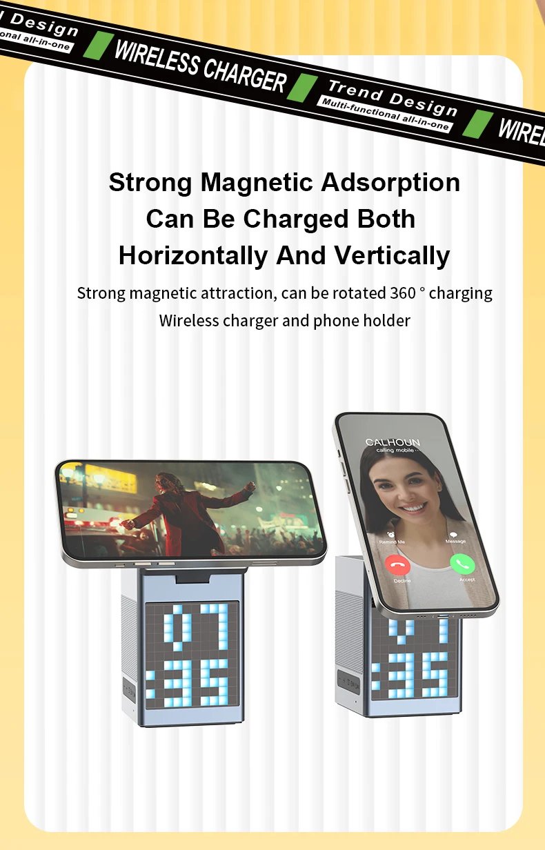 6-in-1 Pixel Animation BT Speaker Alarm Clock Multifunctional Magnetic Phone Wireless Charger Stand