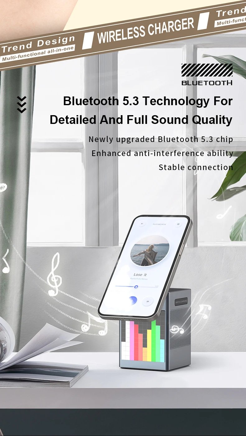 6-in-1 Pixel Animation BT Speaker Alarm Clock Multifunctional Magnetic Phone Wireless Charger Stand