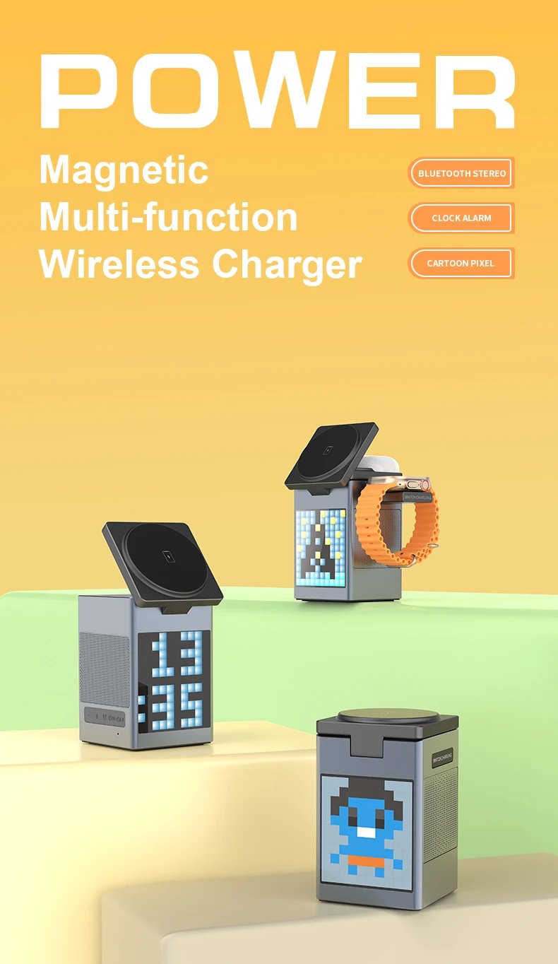 6-in-1 Pixel Animation BT Speaker Alarm Clock Multifunctional Magnetic Phone Wireless Charger Stand